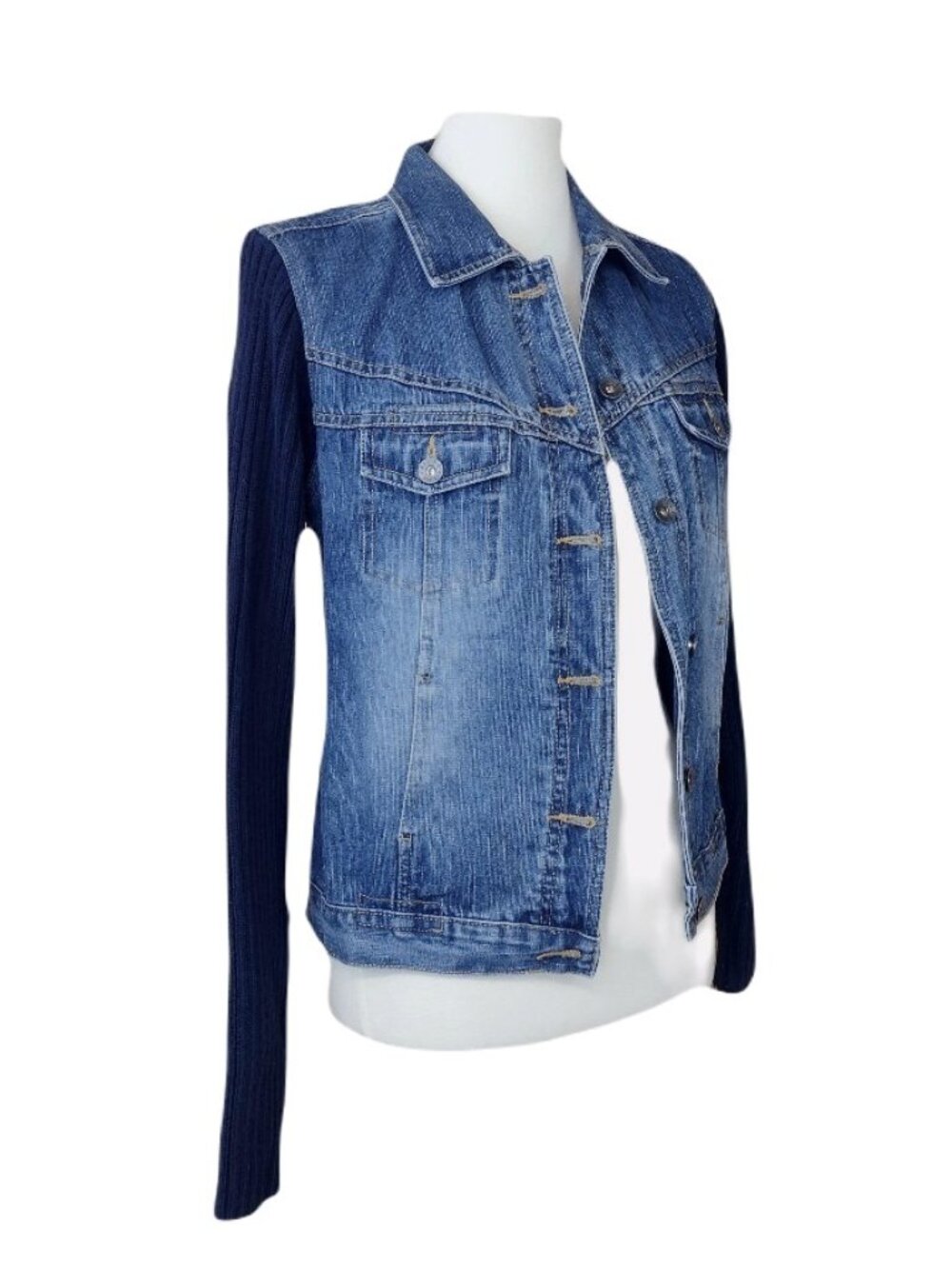 Route 66 Women's Denim Jean Jacket with Navy Ribbed Knit Sleeves & Back – Size L